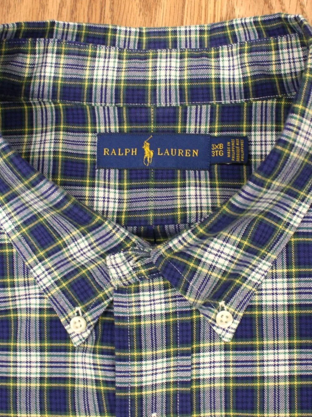 BIG 3XL, 3XB POLO RALPH LAUREN REGULAR FIT SHIRT GREEN & NAVY PLAID 100% COTTON